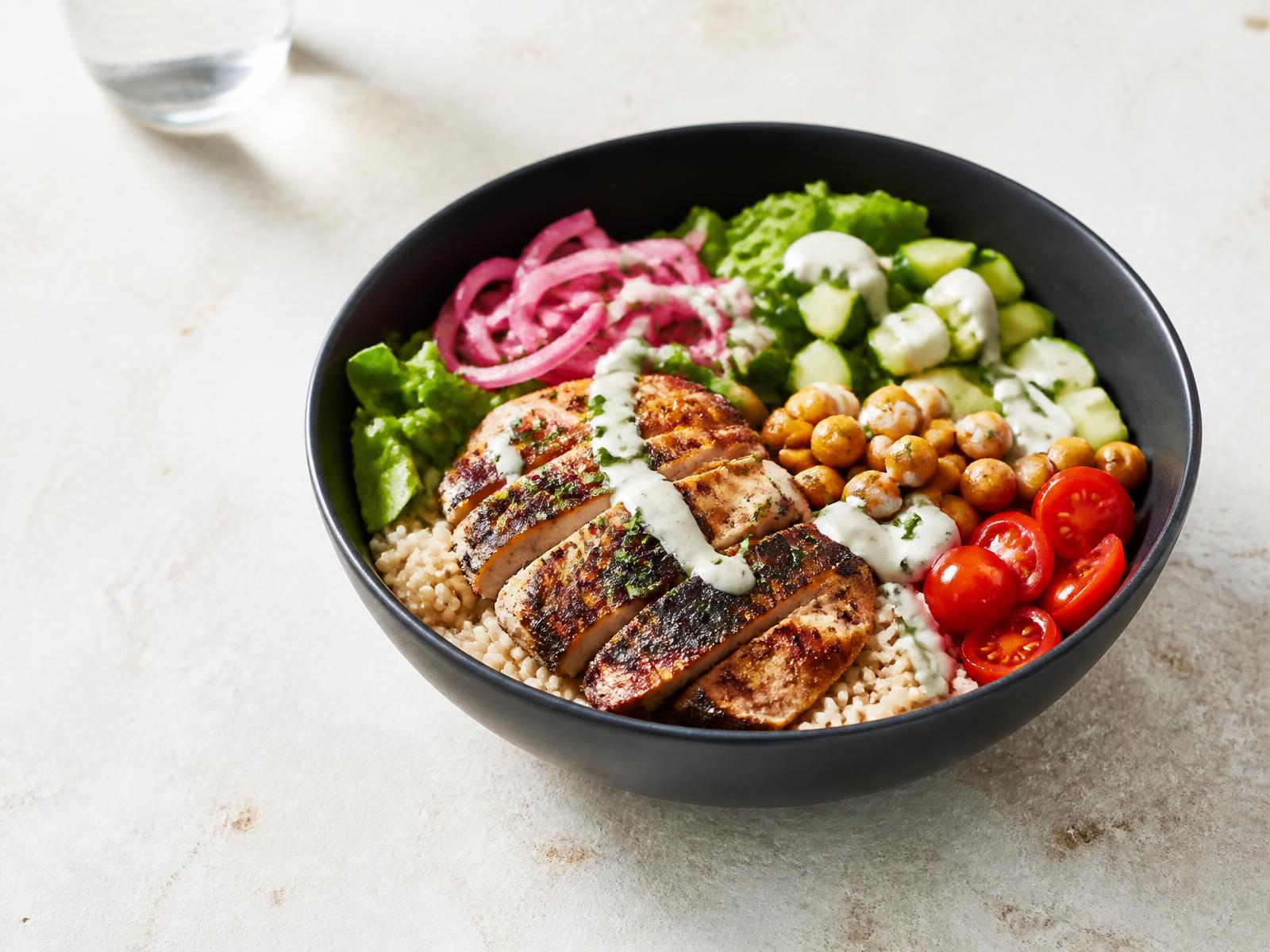 BRAVA fire bowl with fire-grilled chicken, BRAVA rice, fresh vegetables and house-made sauce