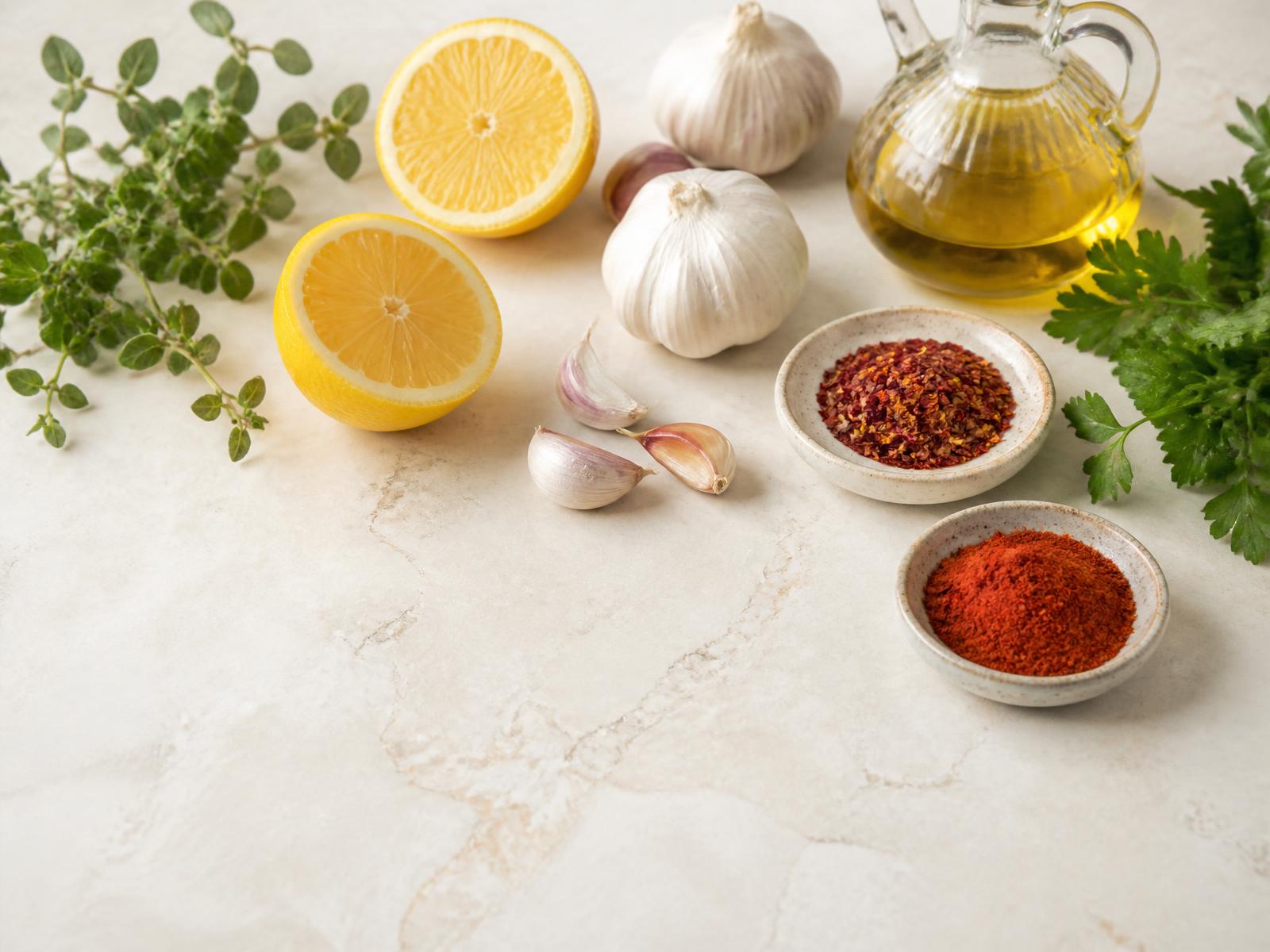 Fresh lemons, garlic, herbs and smoked paprika used in BRAVA marinades and house-made sauces
