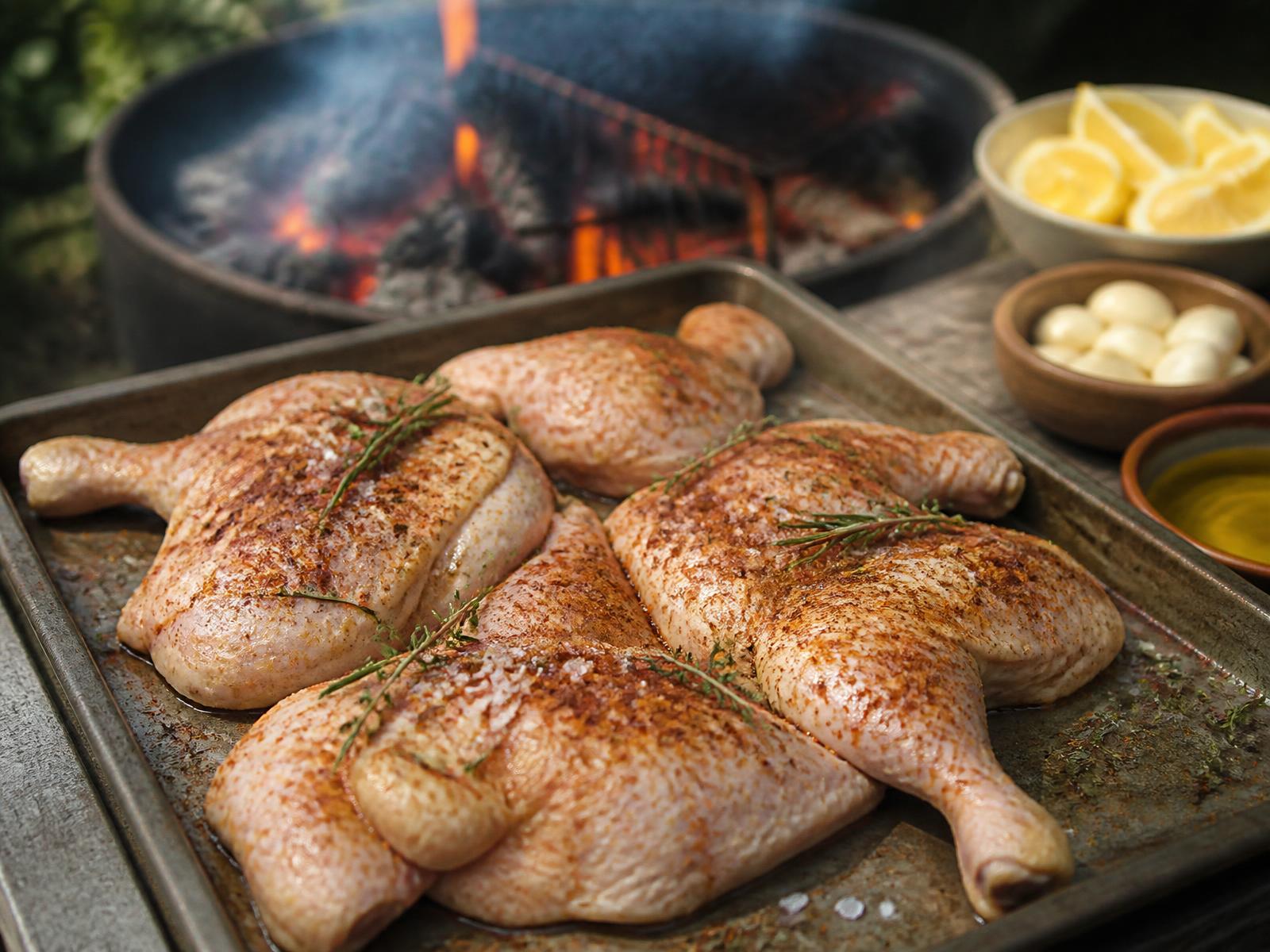 Fresh BRAVA chicken halves seasoned and ready for the live fire grill