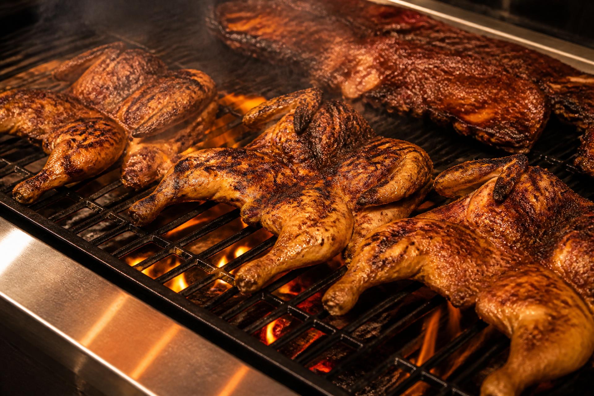 Churrasco style chicken cooking flat over open flame on the BRAVA live fire grill in Barrie